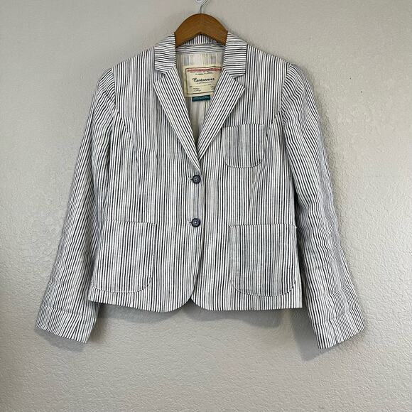 Cartonnier‎ Anthropologie Womens Blazer Size 2P 100% Linen Stiped Coastal Preppy - Picture 1 of 7